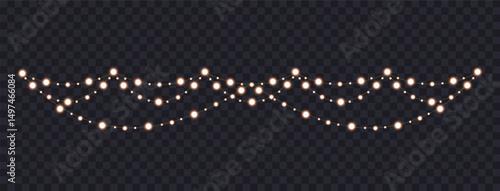 Gold Christmas garland on transparent background, new year light effect elements for banner, poster, flyer and xmas card. Horizontal yellow wires shining, led strips png, vector illustration.