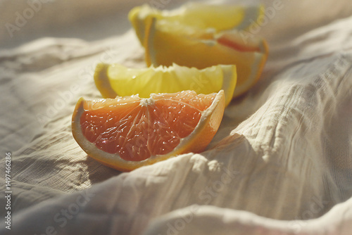 Slices of orange and lemon arranged on a soft, textured fabric, illuminated by natural light, creating a fresh and vibrant atmosphere.
