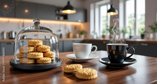 Tazze di caffè e biscotti per prima colazione su tavolo in ampia e luminosa cucina moderna