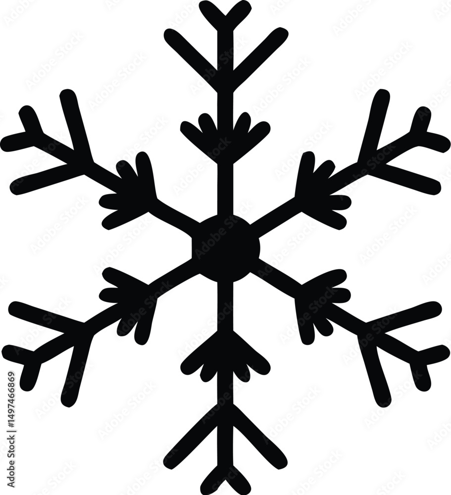 A stylized black snowflake with round tips stands out against the white background A stylized black snowflake with round tips stands out against the white background