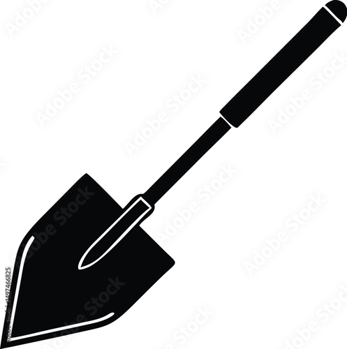 Simple shovel silhouette with white outline provides a strong, clean garden or construction tool icon