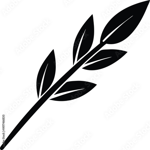 Minimalist black branch with pointy leaves provides simple botanical elegance on transparent background