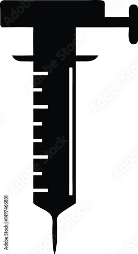 Isolated monochrome silhouette depicts a hypodermic syringe, emphasizing simplicity and medical association with transparent background