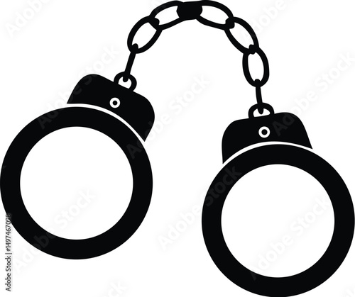Black handcuffs with chain silhouette imply confinement and security through law enforcement on transparent backdrop