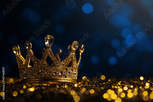 A sparkling golden crown adorned with jewels, set against a blurred blue background with shimmering bokeh lights. The crown symbolizes royalty and elegance, creating a luxurious atmosphere.