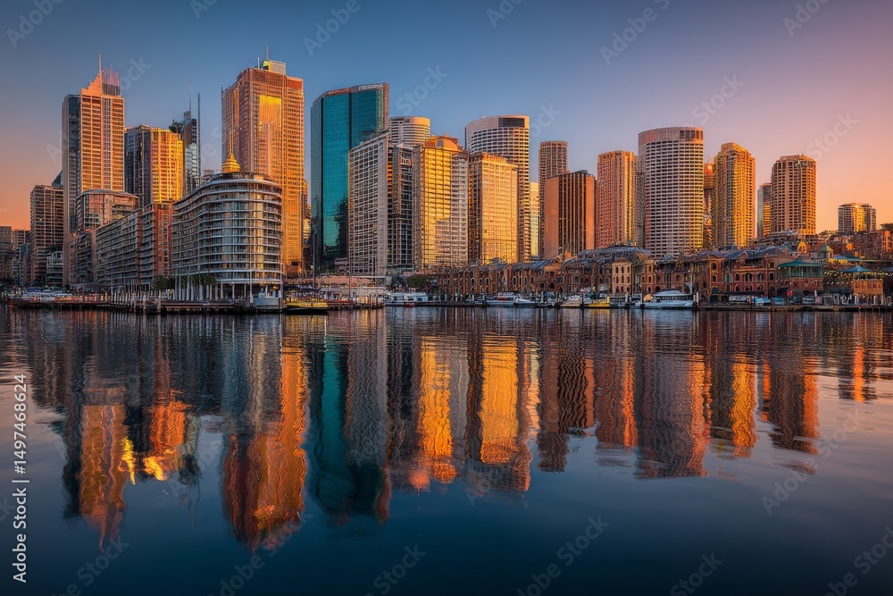 Obraz premium City skyline at dusk reflecting on calm waters with colorful lights and buildings in the background
