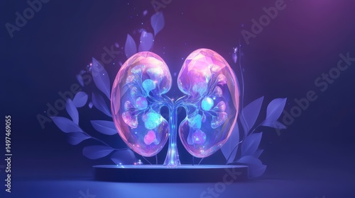 Abstract kidney art, glowing tree form, health concept