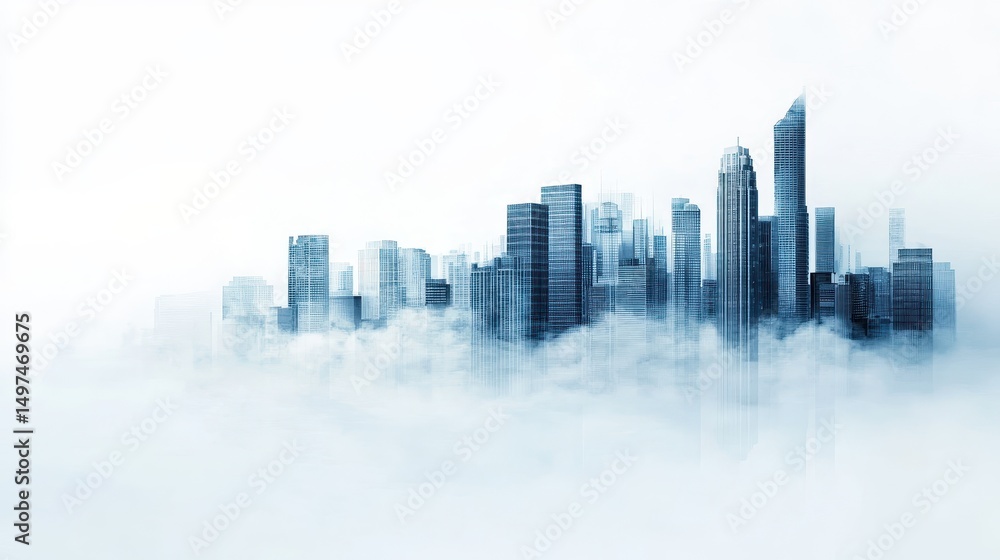Fototapeta premium A modern city skyline with tall skyscrapers emerges above a blanket of clouds in a serene, minimalist scene.