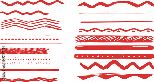 Red chalk crayon line collection - straight strokes, dotted rows, wavy patterns, zigzag marks with grunge textured surface. Hand drawn underline elements for design emphasis or decorative borders .
