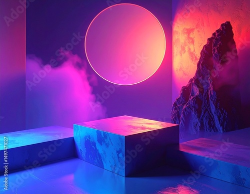 Futuristic Neon Living Room Interior – Minimalist Lounge with Circular Wall Light & Mood Lighting