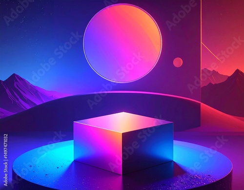 Futuristic Neon Living Room Interior – Minimalist Lounge with Circular Wall Light & Mood Lighting