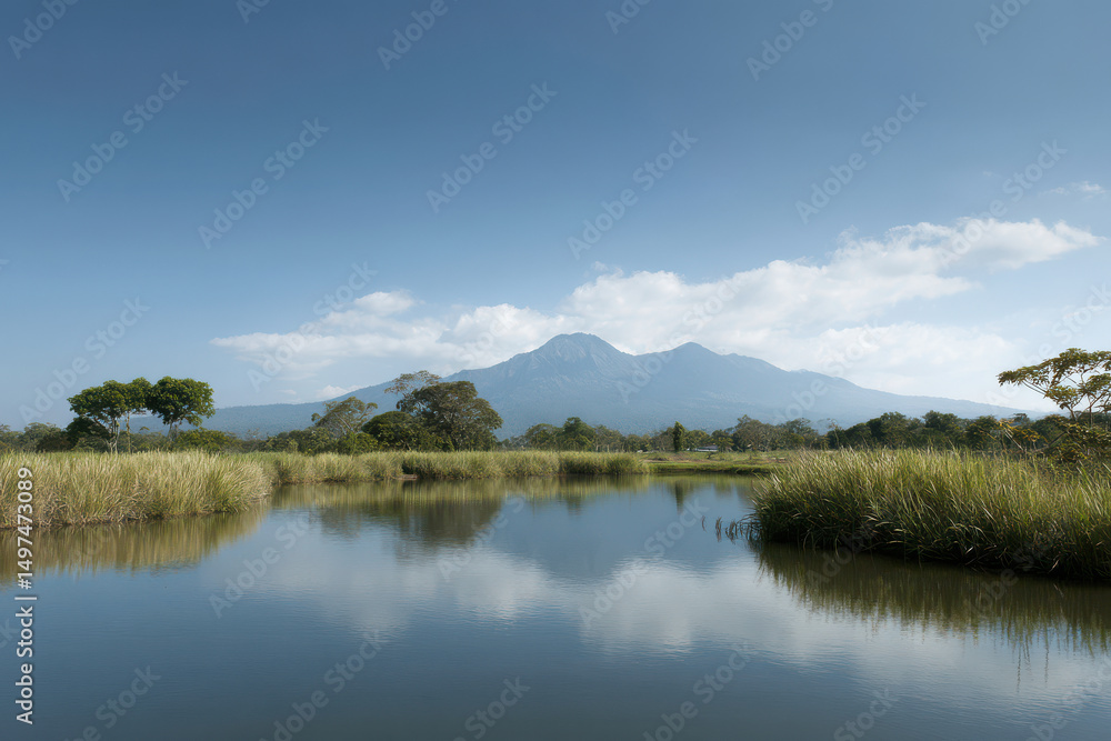 Fototapeta premium breathtaking view of mount samyan reflecting on still surface of serene lake surrounded by lush greenery and