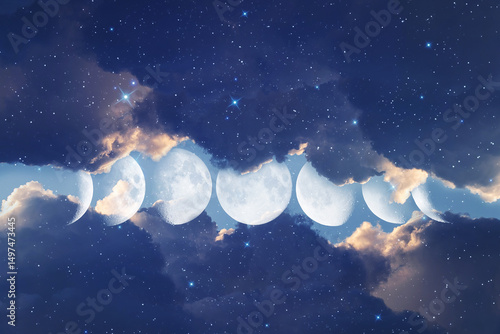 Beautiful fantastic astrological background with dark clouds stars and moon phases