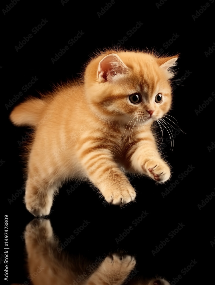 Fototapeta premium Playful ginger kitten jumping with reflection on black background