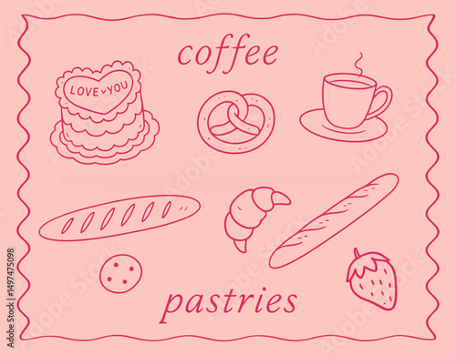 Coffee and pastries doodle set – hand drawn bakery and dessert icons