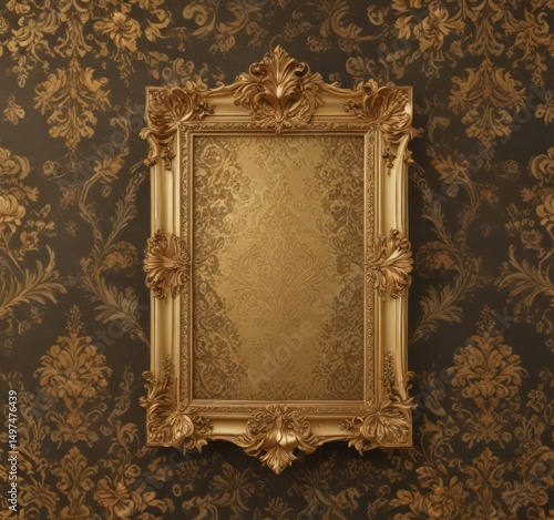 Ornate gold frames adorn luxurious damask fabric with floral patterns ,  luxury,  damask pattern,  gold leaf