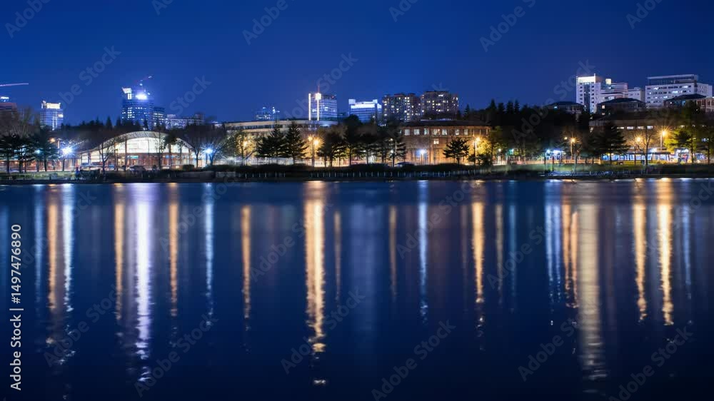 Urban city skyline at night with bright building reflections on dark lake water. Modern cityscape background for serene and peaceful evening ambiance. Footage. Urban city skyline at night with bright building reflections on dark lake water. Modern cityscape background for serene and peaceful evening ambiance. Footage.