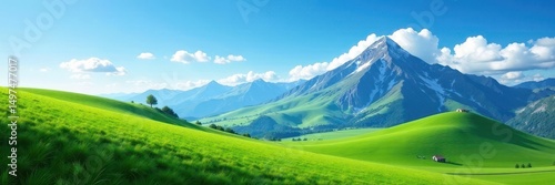 Rolling green hills ascend to majestic peaks under a vibrant blue sky , outdoor, sun, fresh