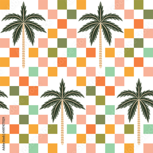 Tropical green palms seamless pattern checkered background. Summer boho jungle print.