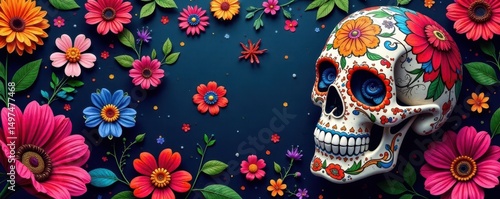 Vibrant sugar skull & floral textile, Day of the Dead style, decor, fiesta