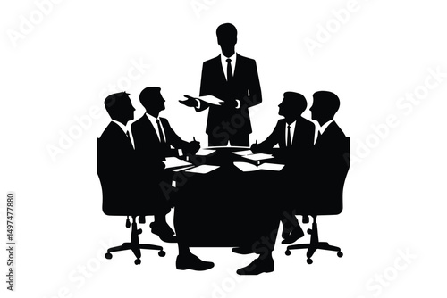 simple and unobtrusive Business man doing meeting with some people vector silhouette illustration isolated in white background