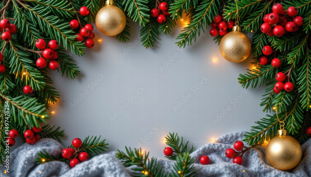 Festive evergreen branches adorned with red berries and golden ornaments create cheerful holiday frame. Soft gray fabric adds warmth, enhancing joyful atmosphere of season Festive evergreen branches adorned with red berries and golden ornaments create cheerful holiday frame. Soft gray fabric adds warmth, enhancing joyful atmosphere of season