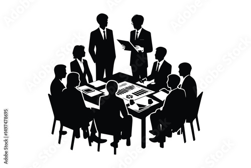 simple and unobtrusive Business man doing meeting with some people vector silhouette illustration isolated in white background