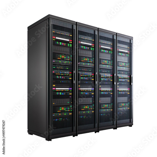 Modern Data Center Server Rack with Colorful LED Indicators in Black Metal Enclosure Isolated On Transparent Background