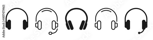 Headphones line and flat icons set. Headphone, earphone symbol. Gaming headphones icon. Vector