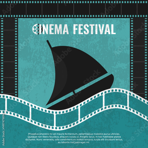 Cinema festival poster design with boat on filmstrip wave. Cinema flyer in retro style in marine theme. Vector illustration