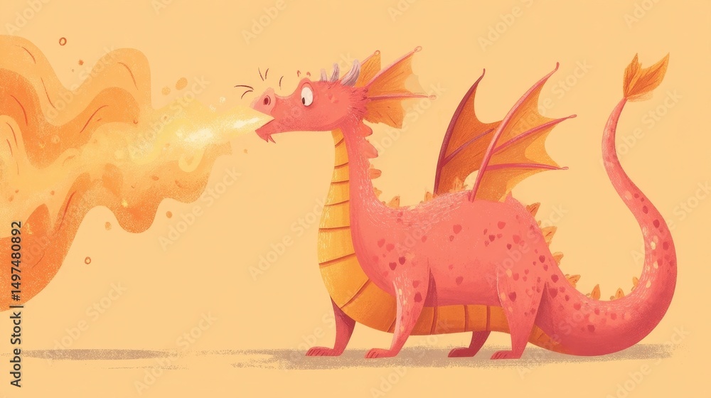 Fototapeta premium Cute Pink Dragon Breathing Fire Illustration