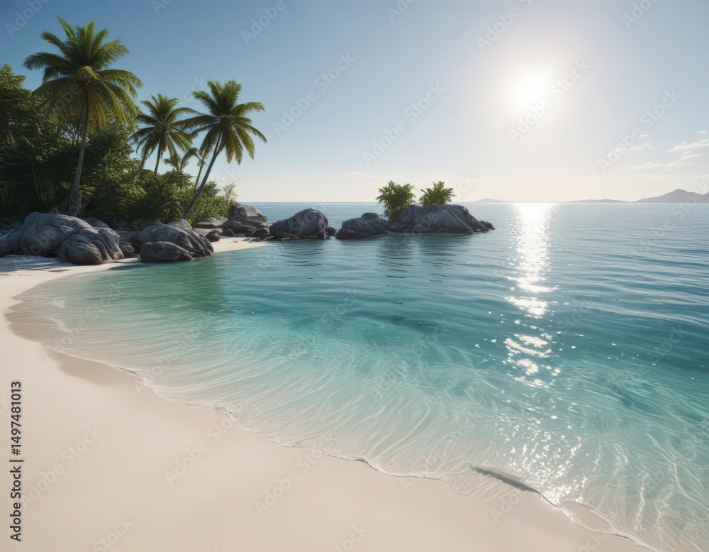 Fototapeta premium White sand, crystal clear water, distant island silhouette, sky, white sand, sea