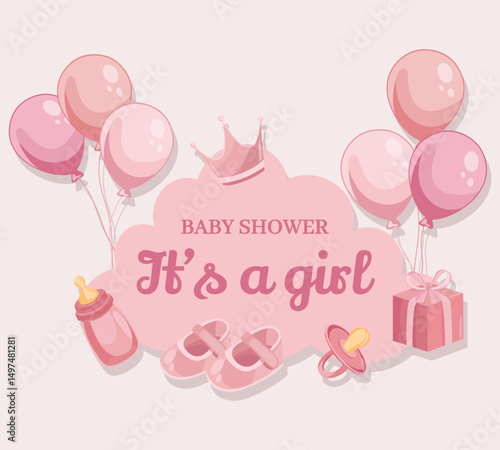 Baby shower greeting card with pink flat illustrations It's a girl