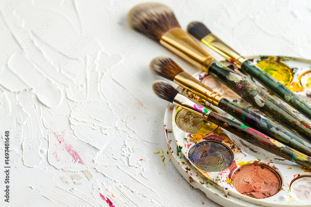 Obraz premium A close-up of a paint palette with various colors and several paintbrushes resting on it, set against a textured white background.