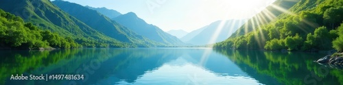 Serene summer lake, vibrant green mountains reflecting sunlight, sunlit, green