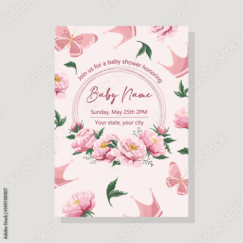 Pink baby shower invitation template with beautiful flowers and girl elements