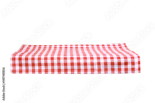 Kitchen unfolded red checkered tablecloth isolated on white background