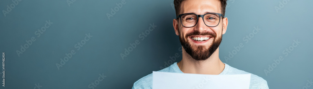 Fototapeta premium Smiling man holds document against blue background, radiating happiness and confidence