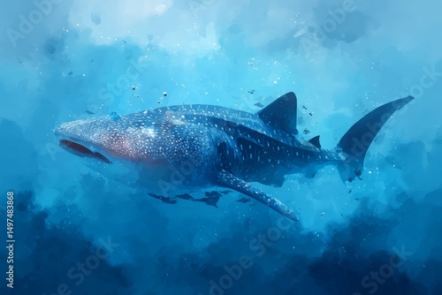 Majestic whale shark swimming gracefully in crystal-clear ocean waters surrounded by marine life