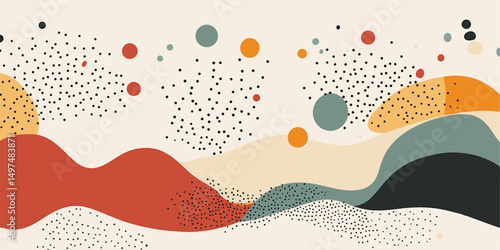 Abstract Art Print Beige Orange Red  Teal Background