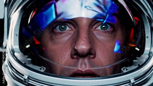 Astronaut Close-Up Inside Helmet – Sci-Fi Loop Animation with Reflective Visor and Color Light Streaks | 4K Cinematic Space