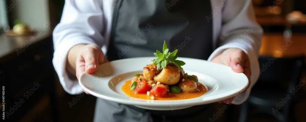 Chef proudly presents plated dish, elegant setting, pride, culinary art, plating Chef proudly presents plated dish, elegant setting, pride, culinary art, plating