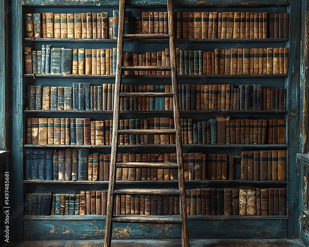 Fototapeta premium A scholarly library with towering bookshelves and a wooden ladder