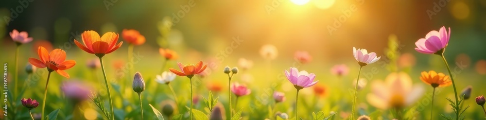 Fototapeta premium Delicate wildflowers bathed in soft sunlight, blurred background, bloom, sunlight