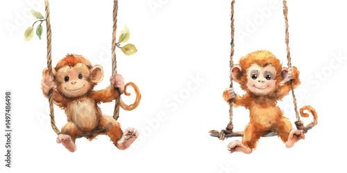 monkey swinging watercolor vector illustration