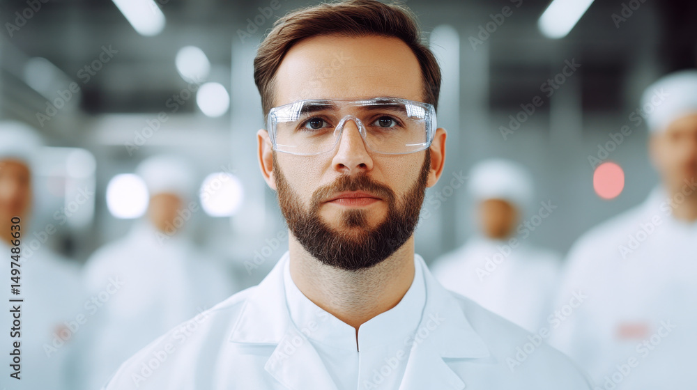 Focused scientist in lab coat and safety glasses stands confidently in modern laboratory with colleagues in background Focused scientist in lab coat and safety glasses stands confidently in modern laboratory with colleagues in background