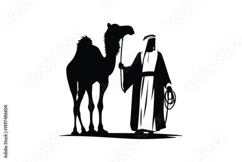 simple and unobtrusive an arabian man with a camel vector silhouette illustration isolated in white background
