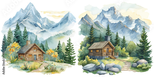 mountain lodge watercolor vector illustration