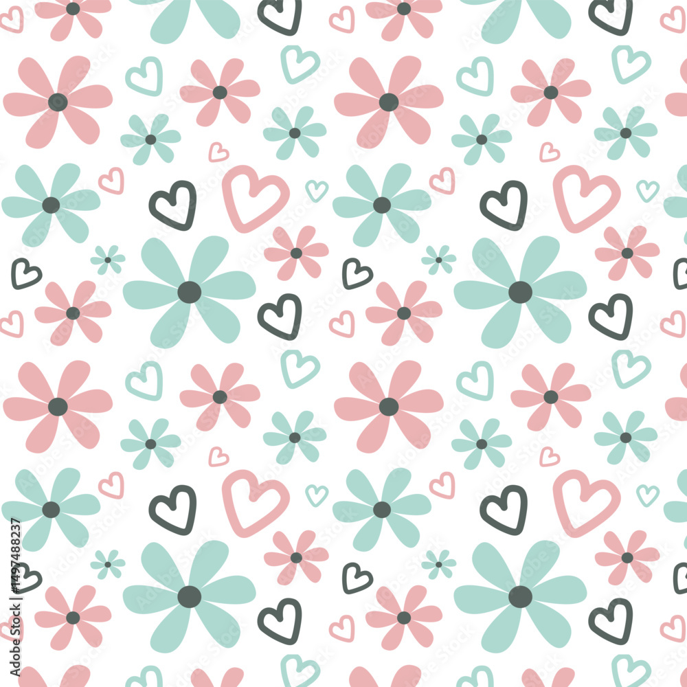 Pink and blue gender reveal pattern with hearts and flowers, girl or boy party design Pink and blue gender reveal pattern with hearts and flowers, girl or boy party design