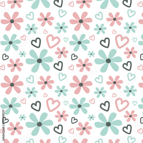 Pink and blue gender reveal pattern with hearts and flowers, girl or boy party design